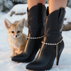 Women Gold Metal Chain Boot Bracelet Western Shoe Charm Bling Rhinestones SET